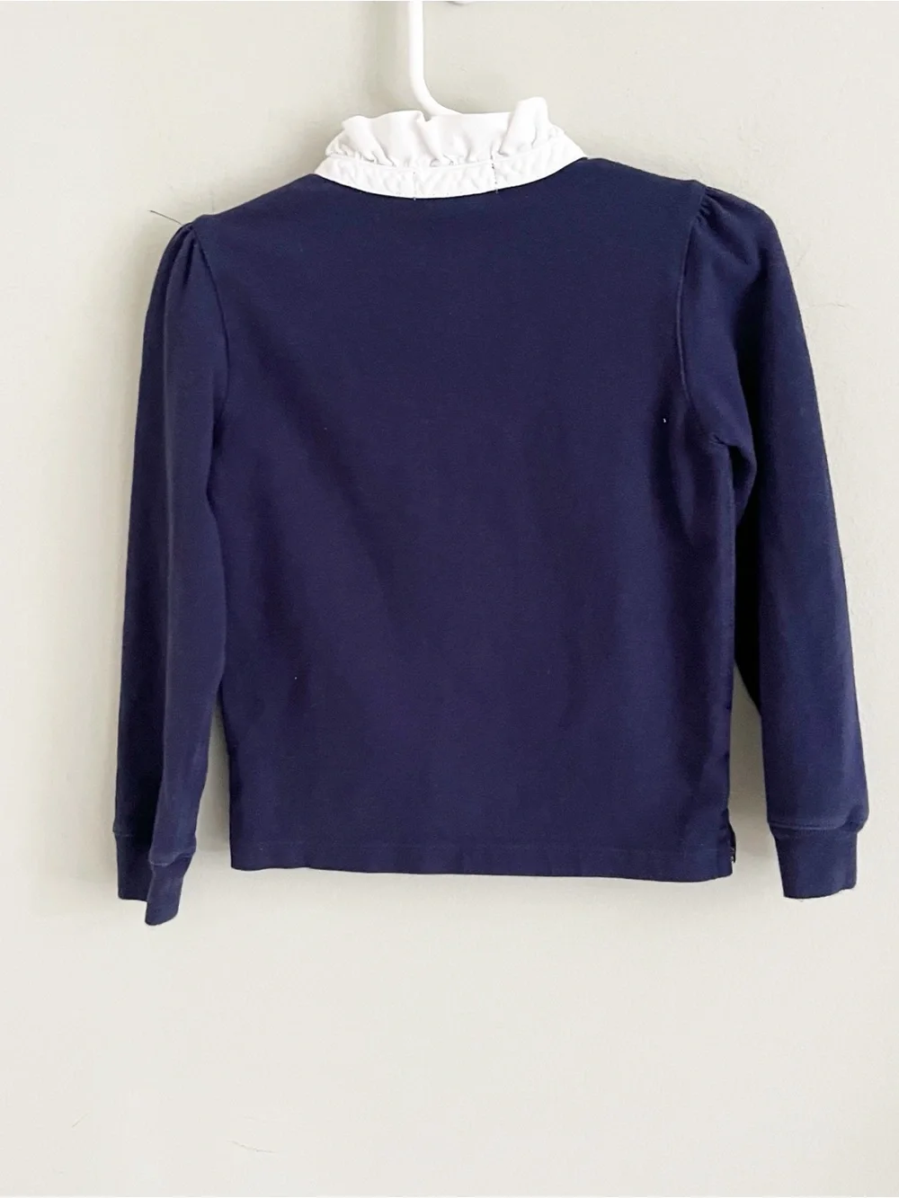 Ralph Lauren navy blue top with stand up ruffle collar